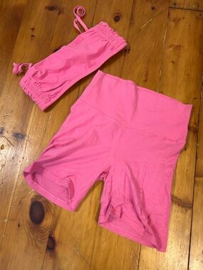 TNA Women’s Bright Pink Top and High-Waist Bike Shorts